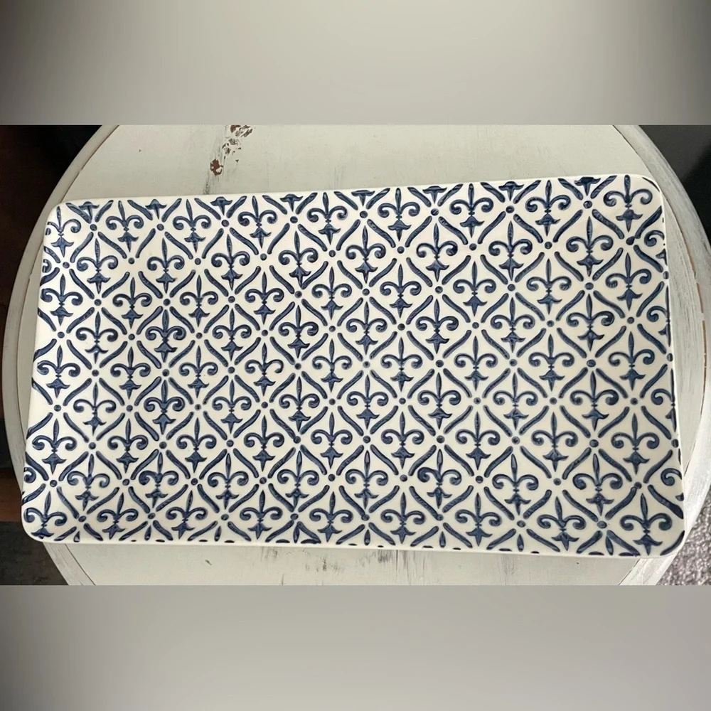 Sur La Table Fleur de Lis Blue and White Ceramic platter 14”x8”